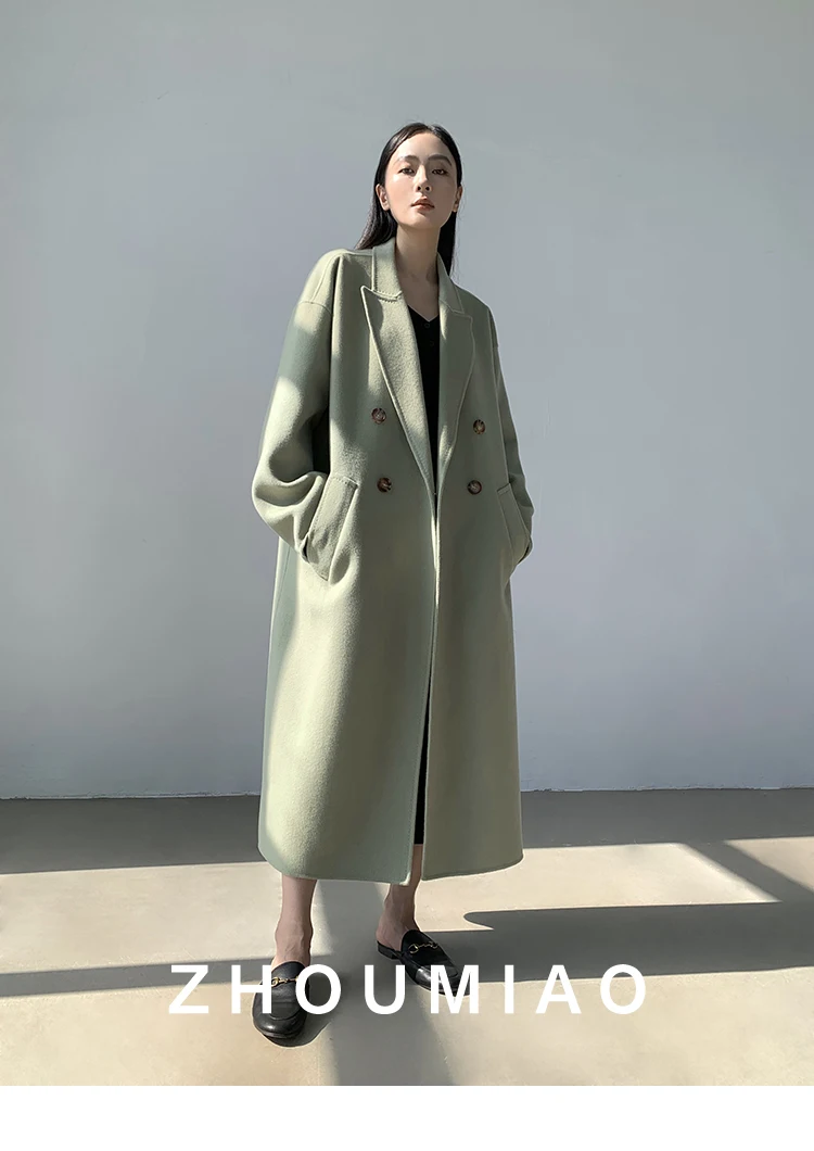 سترة نسائية طويلة من الصوف الأخضر Allingentle سترة طويلة أنيقة لحفلات الأعمال والمكتب مع حزام مخصص