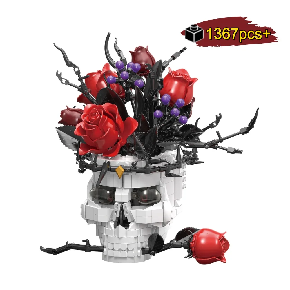

Never Wilt Rose Bouquet Building Blocks Gothic Skull Design Eternal Flowers DIY Model Kit Unique Valentines Day Gift for Women