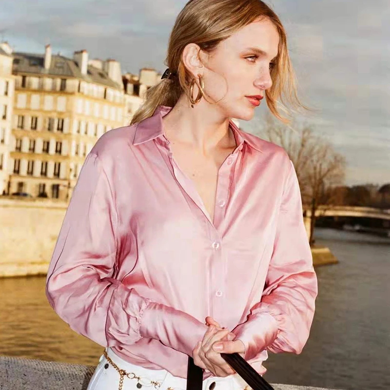 

Women's New Style Lotus Root Powder Silk Long Sleeve Shirt Smooth Satin Cool Comfortable Fashionable Straight Cut Polyester F...