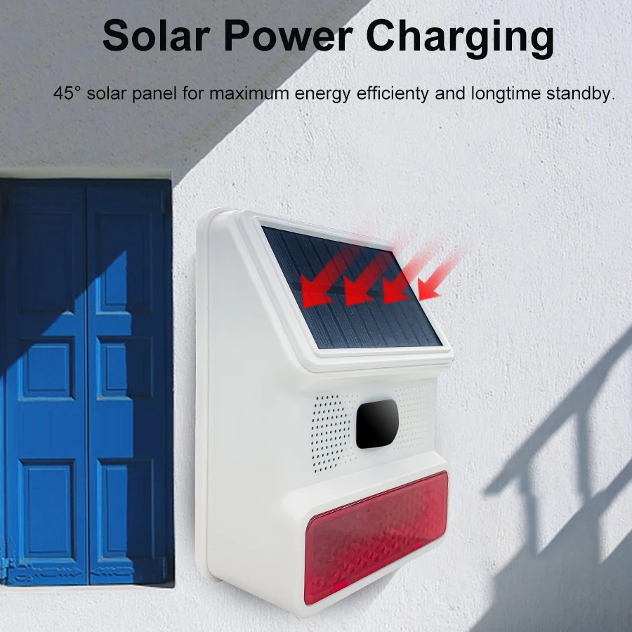 Sirene de alarme, sirene externa sem fio de 433 MHz, externa movida a energia solar com função de alarme de luz piscante LED, fácil configuração, segurança Sy