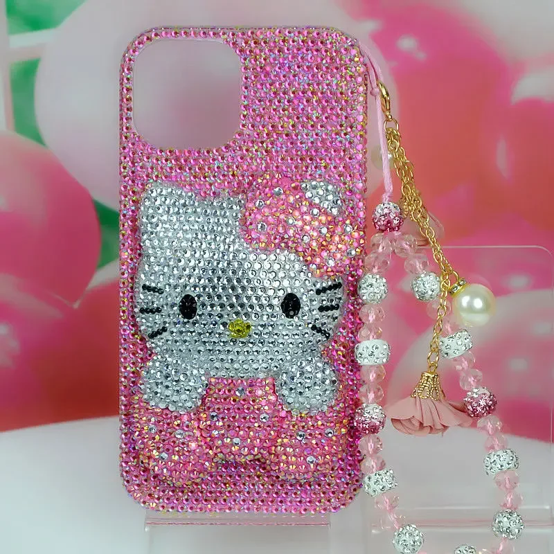 Handmade Original Sanrio for iPhone 11 12 13 14 15 Pro Max AB Diamond Hello Kitty iPhone 16 Plus Phone Case Rhinestone