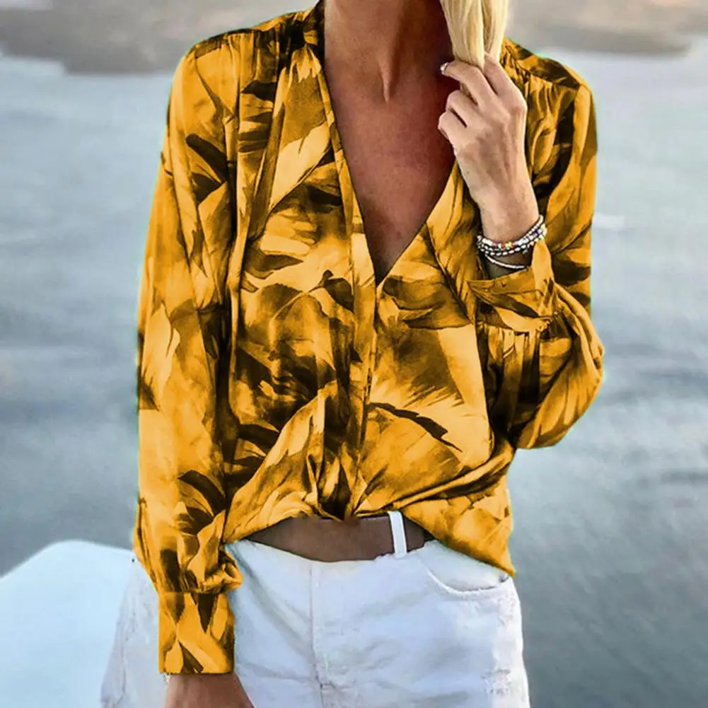 

Casual Shirt Anti-fade Women Shirt Soft Versatile Chic Puff Long Sleeve Print Office Shirt