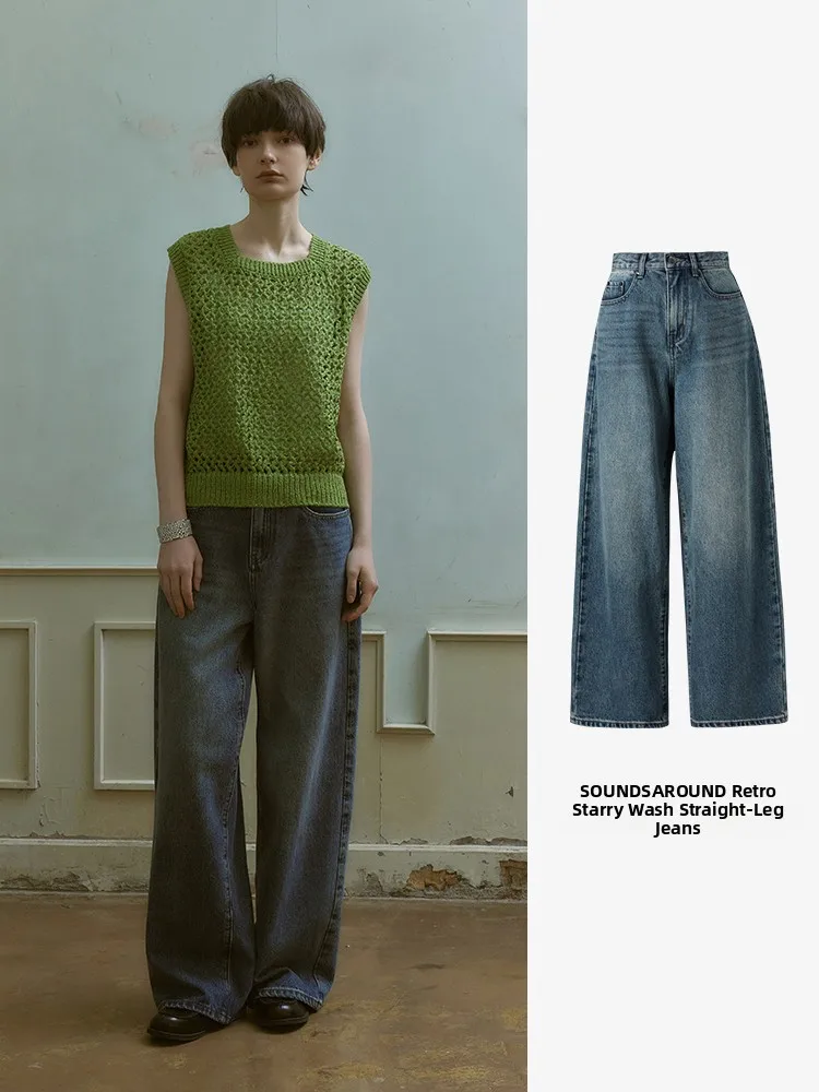 

Синие джинсовые джинсы с завышенной талией в стиле ретро, свободные широкие брюки с талией, прямые брюки для молодых женщин, весна-осень Faion