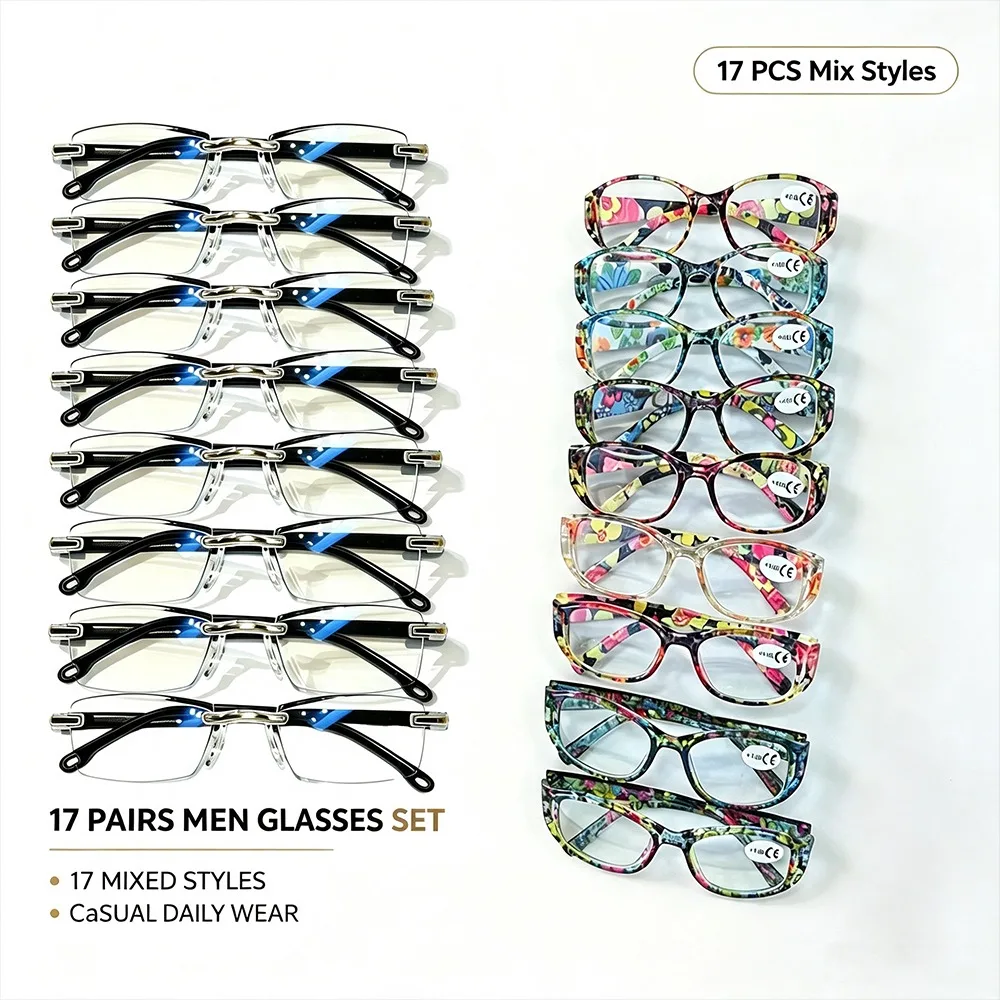 17-Piece men's mixed and matched non-prescription glasses set, half-sided full-frame transparent lenses fashion glasses, suitable for daily office wear, reading and leisure use, Christmas and Halloween gifts recommended