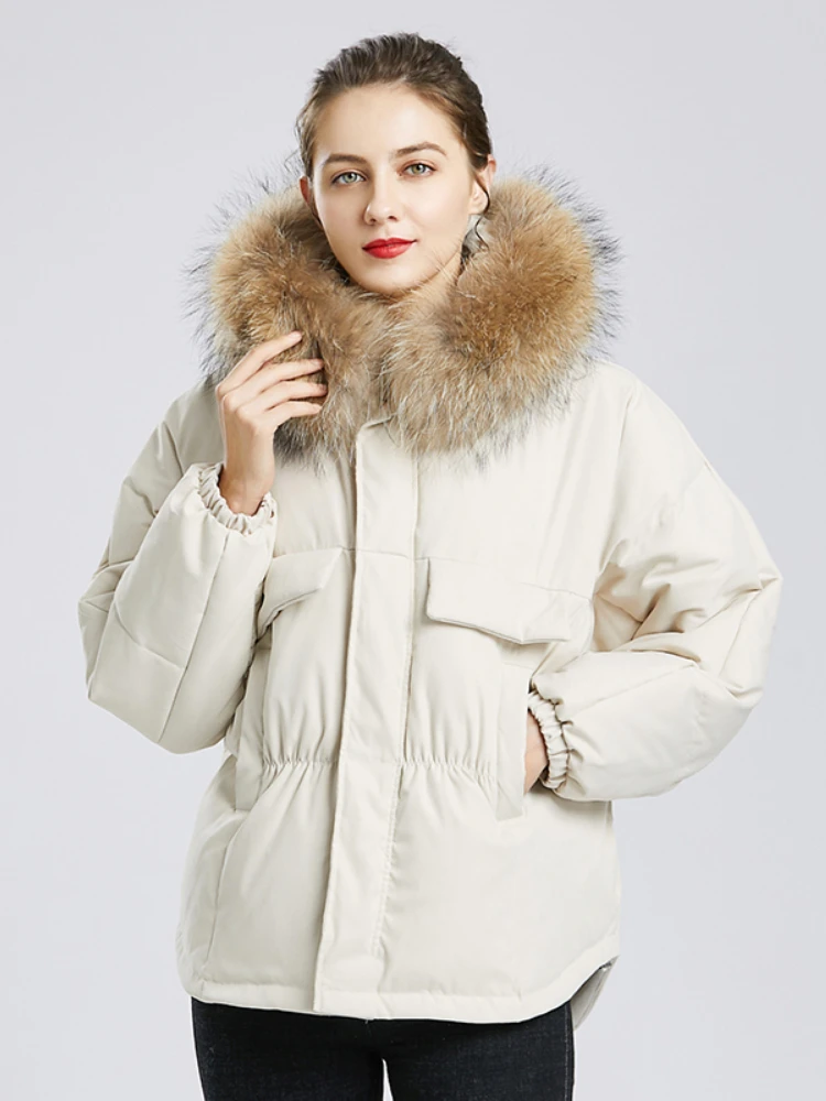 Fitaylor Winter Large Real Raccoon Fur Hooded Short Jacket Women 90% White Duck Down Coat Parkas Irregular Warm Snow Outwear