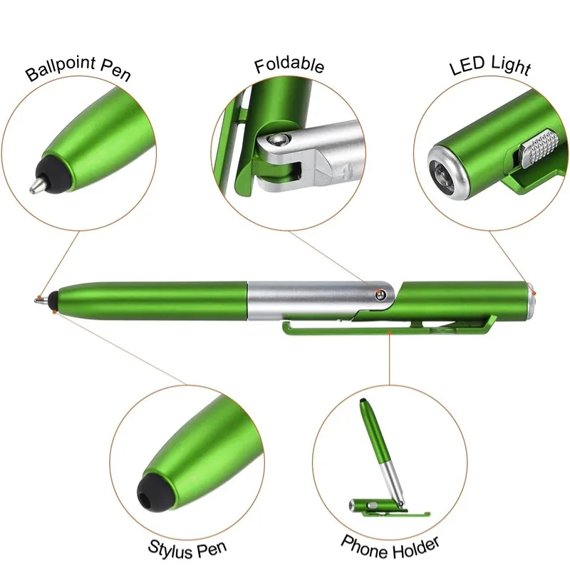 Bolígrafo multifunción 4 en 1 con luz LED, soporte plegable para teléfono, lectura nocturna, escritura, lápiz, oficina, escuela, papelería para