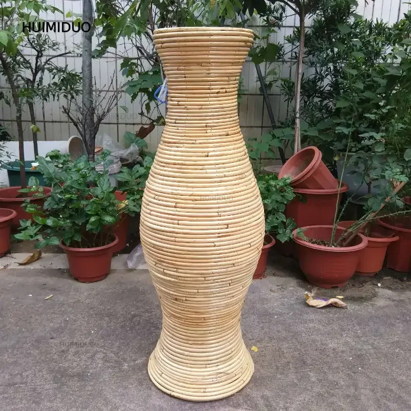 Large Natural Woven Rattan Floor Vase Bohemian Style Eco-Friendly Living Room Centerpiece Standing Planter for Home Decor