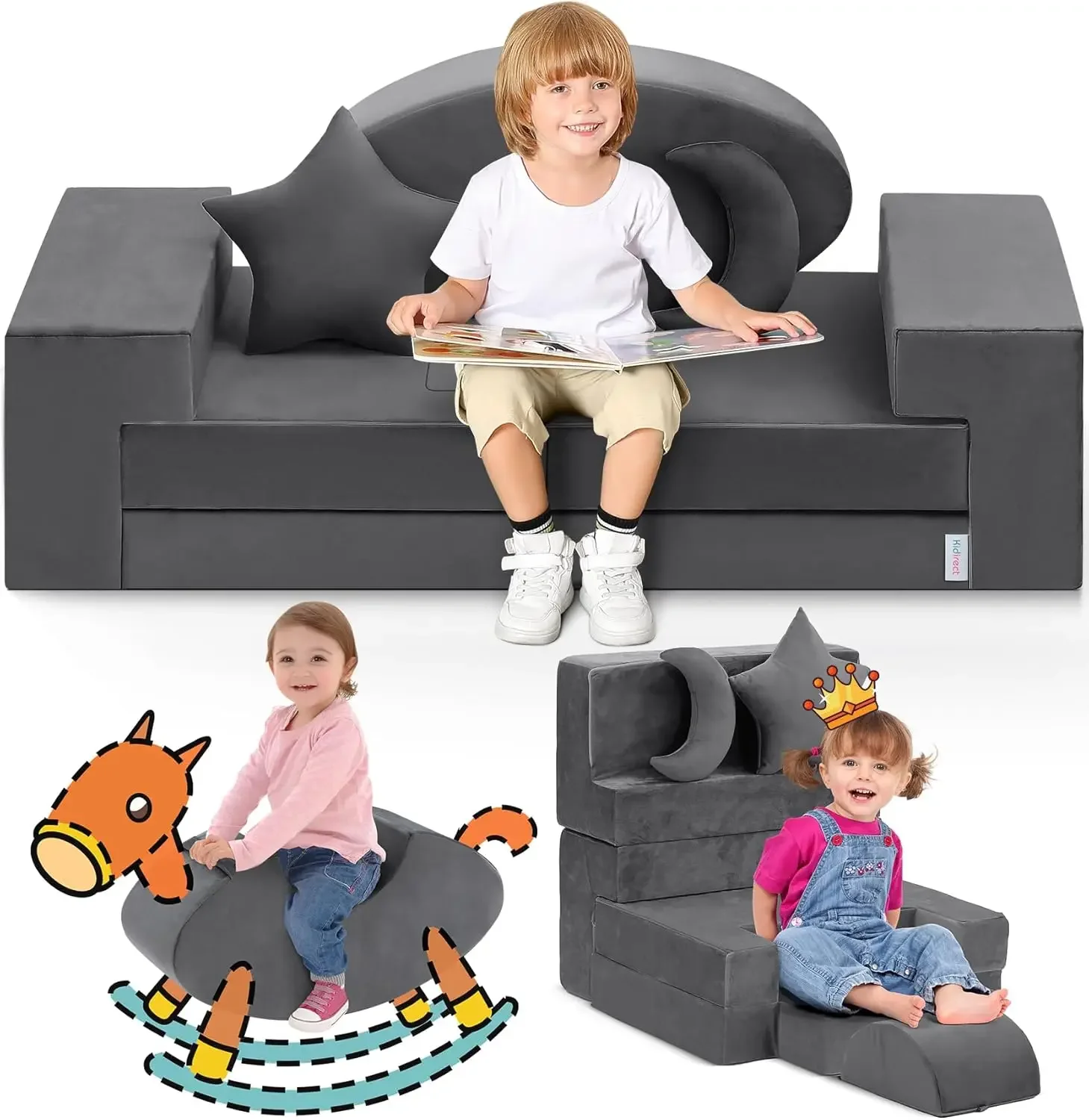 Kids Play Couch,  400+ Creative Kids Couch for Playroom, Upgraded Play Couch Convertible Rocking Horse, Sectional Kids Sofa Foam