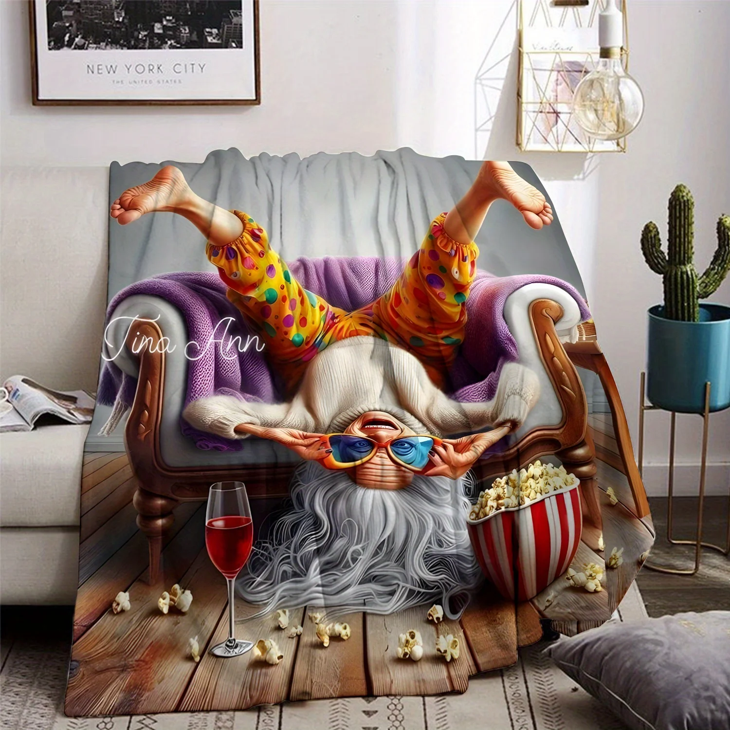 Funny Santa Claus Throw Blanket, Movie Night & Popcorn Design, Cozy Home Decor for Christmas & Holidays