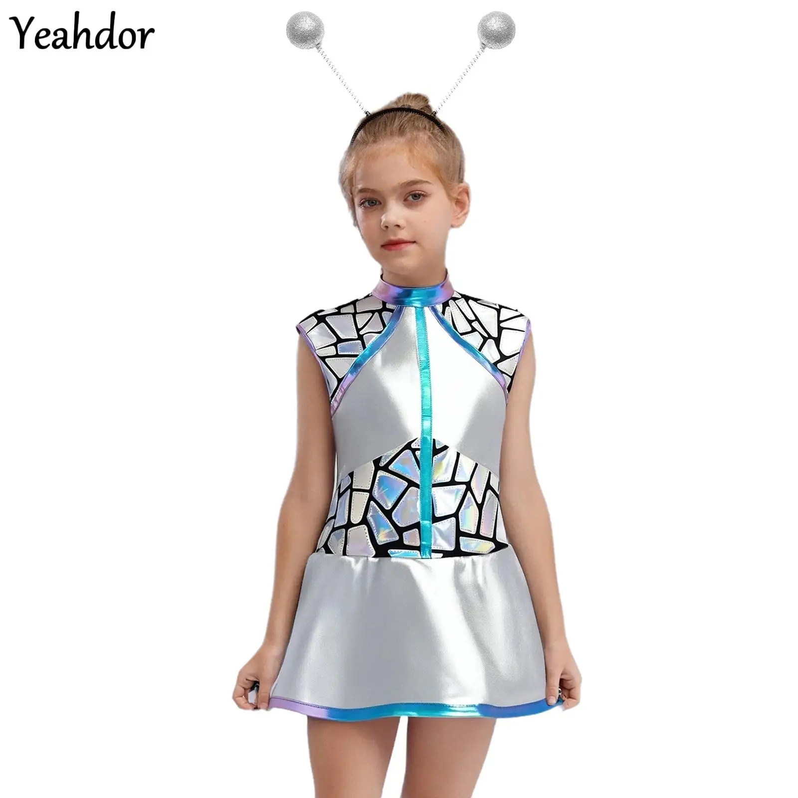 

Girls Shiny Metallic Alien Costume Halloween Outer Space Astronaut Sequin Tutu Dress with Antennas Hair Hoop Set Fancy Dress Up