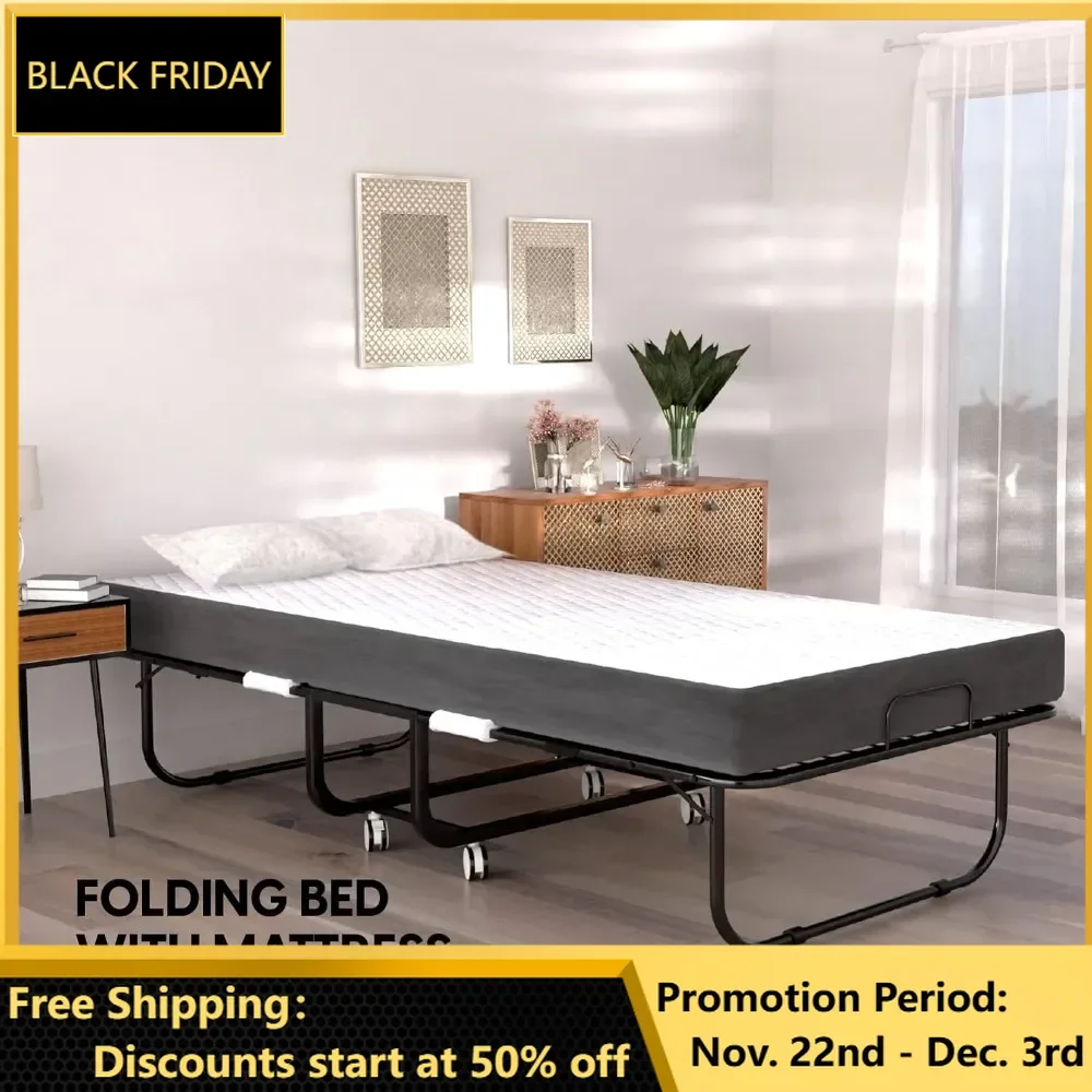 Folding Bed with Mattress - 75x31 Cot Size Bed Frame 5-inch Thick Memory Foam Mattress-Space Saving Fold Up Bed for Easy Storage