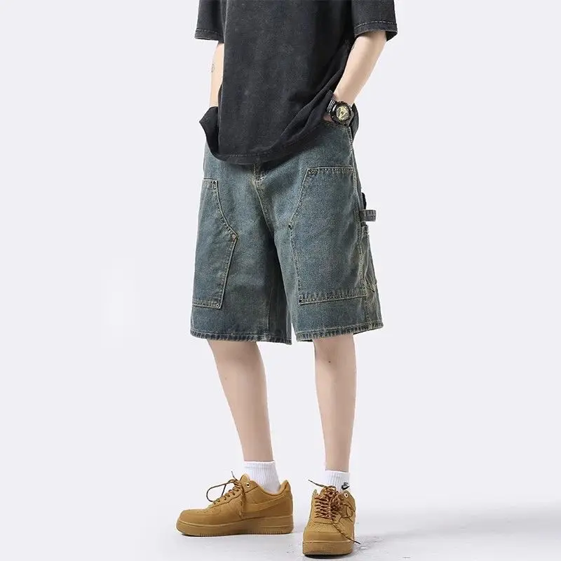 Mens Vintage Washed Denim Cargo Shorts Multi Pocket Loose Wide Leg Knee Length Casual Jorts