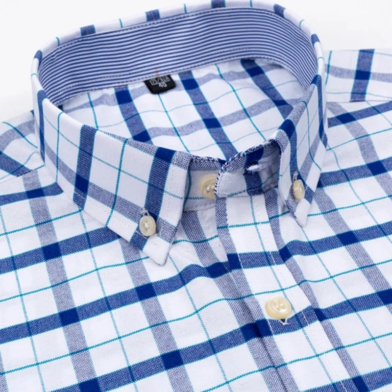 Summer 100% Cotton Oxford Men\'s Shirt Short Sleeve Plaid Striped Male Clothes Business Regular Fit Dress Shirts Oversized 7XL 6X