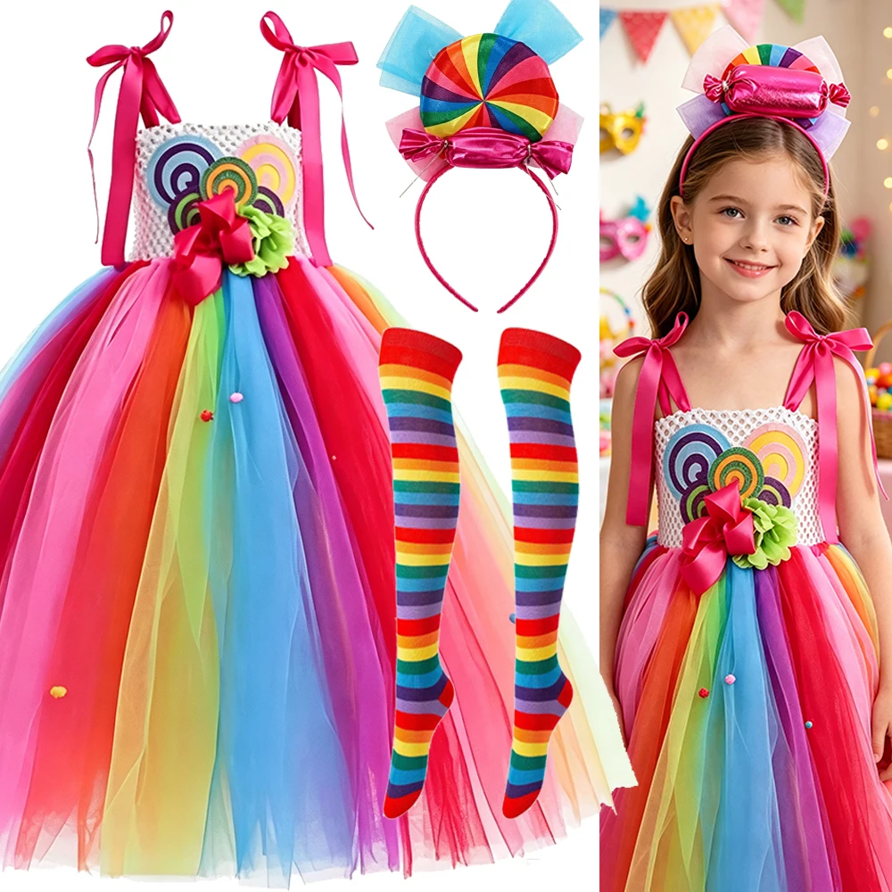 Halloween Carnival Costume Child Lollipop Apparel Purim Kids Nice Tutu Puffy Candy Princess Ball Gown Dress