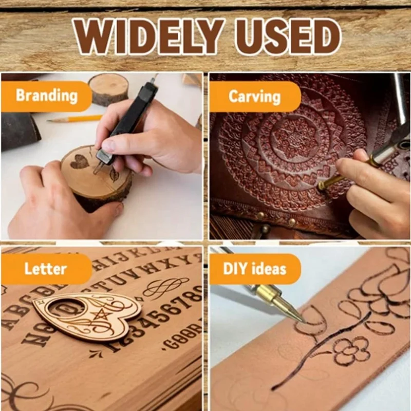 Set per bruciare legno/pelle fai-da-te + 26 lettere stampo in rame, Set di timbri alfabeto a legna, Set di punte per bruciare il legno spina UK