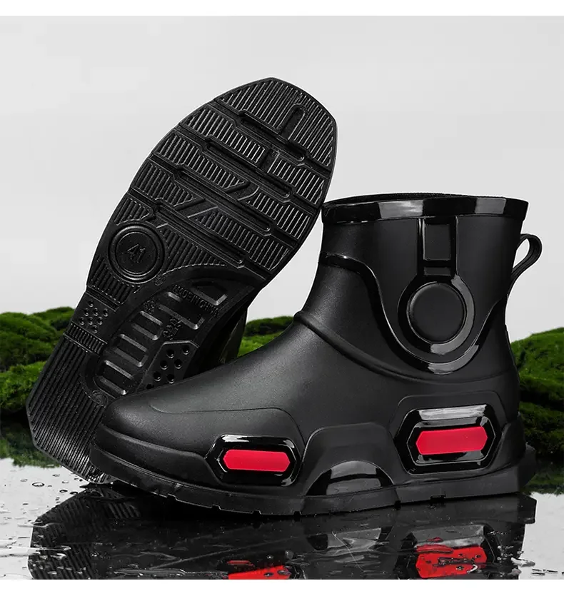 Men's New Four Seasons High Top Flat Sole Rain Shoes Soft Sole Non Slip Slip-On Waterproof Kitchen Work Shoes Fishing Water Shoe