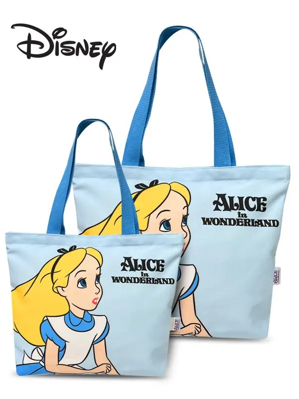 Disney Alice cartoon tote bag, fashionable zipper canvas bag, women\'s handbag, large capacity shopping bag, casual shoulder bag