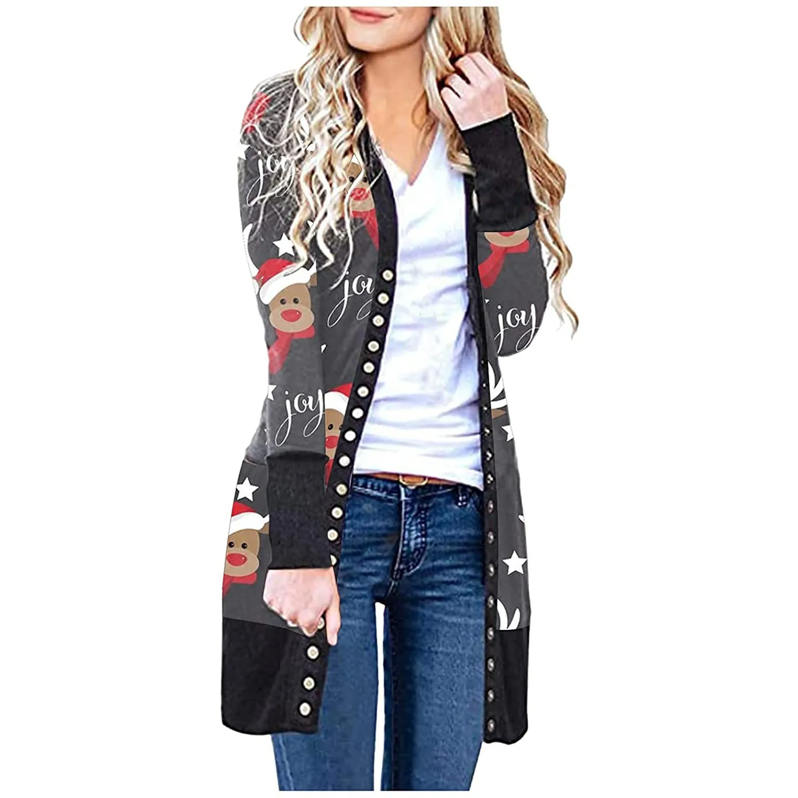 Women\'s Christmas Long Sleeve Front Cardigan Printed Top Lightweight Jacket