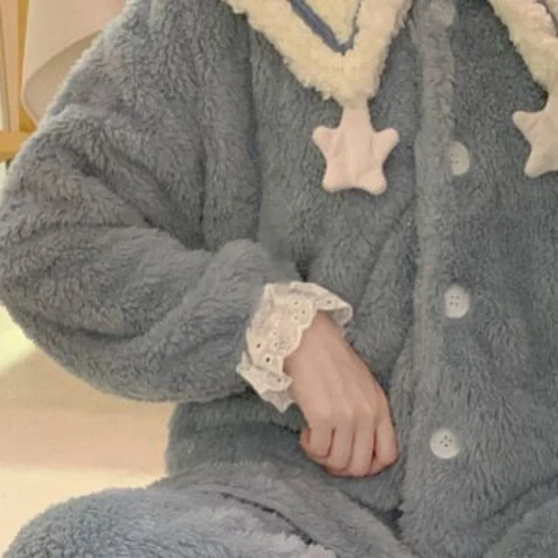 2024 New Coral Velvet Pajamas Women Autumn Winter Loungewear Plus Velvet Padded Sleepwear Cute Plush Doll Collar Homewear Suit