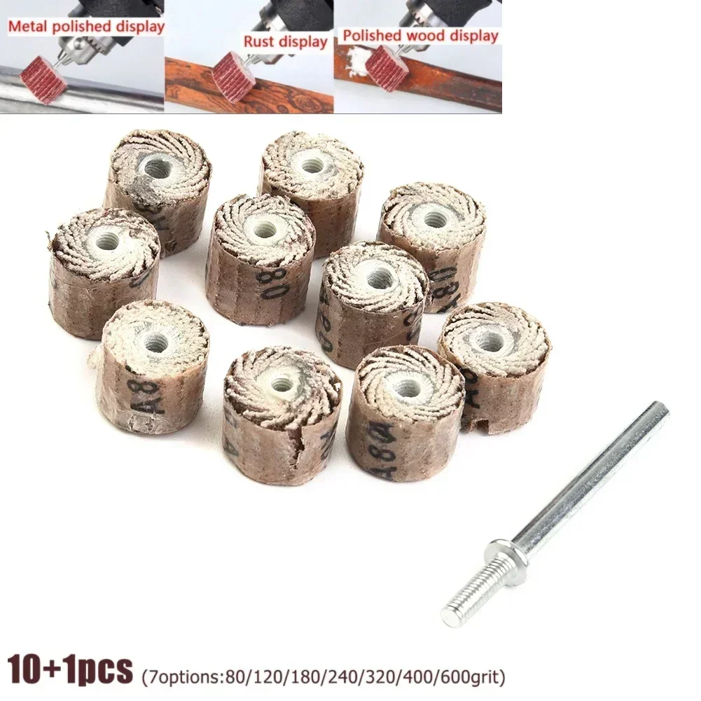 10PCS Disco Ruota Lamellare + 1 Mandrino Rettifica Levigatura Trapano Abrasivo Carta Vetrata Strumento 80-600 Grana Lucidatura Strumenti di