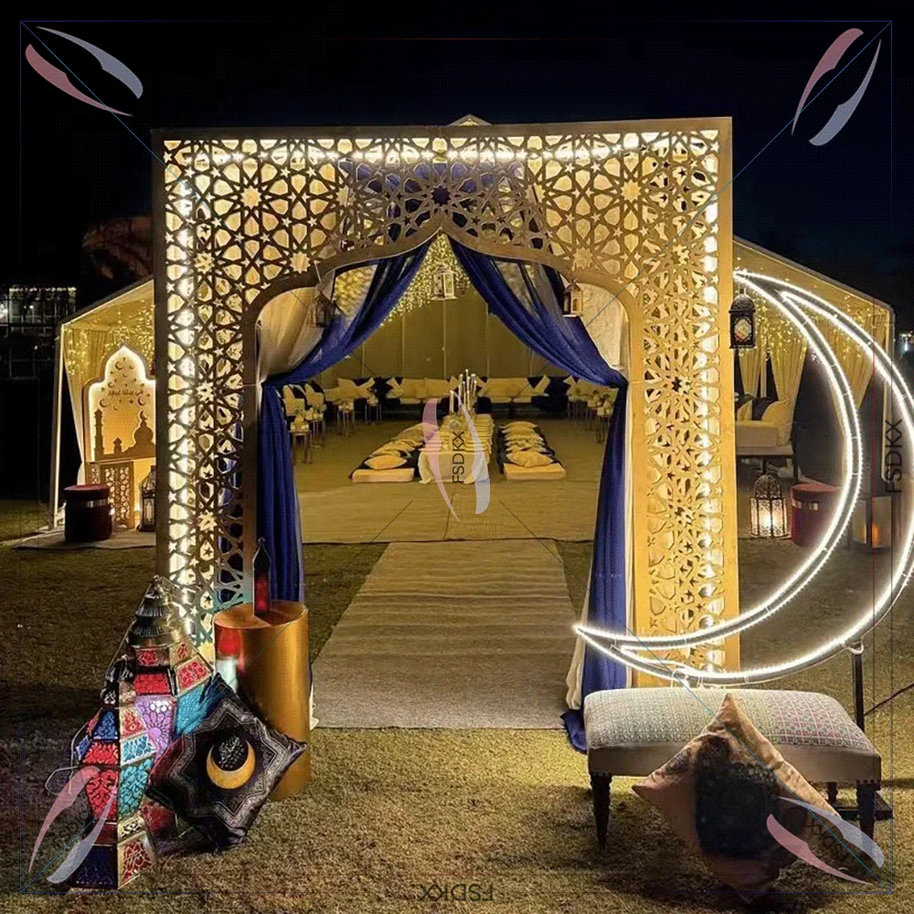 

Wholesale Price Acrylic Stage Arch Backdrop Design 3D Metal Moon Decoration Wall Backdrop Led Light for Wedding Event Decoration