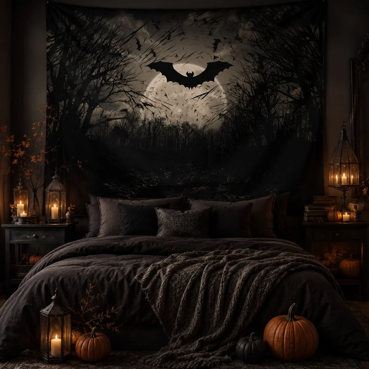 [Halloween Tapestry] Halloween Bats Forest Tapestry - Polyester Peach Skin Velvet Wall Hanging, Indoor Horror Theme Animal Print Backdrop, Classroom Decor, Transverse Orientation, Electricity-Free Use