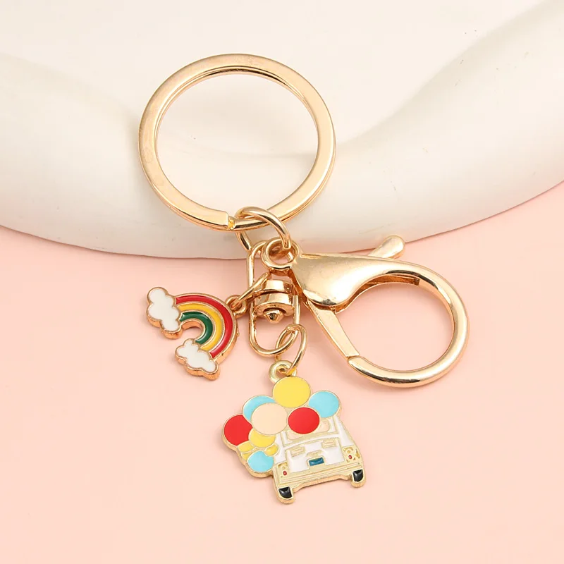 Cute Enamel Keychain Ice Cream Car Heart Balloon Rainbow Key Ring Playground Key Chains Souvenir Gifts For Women Men DIY Jewelry