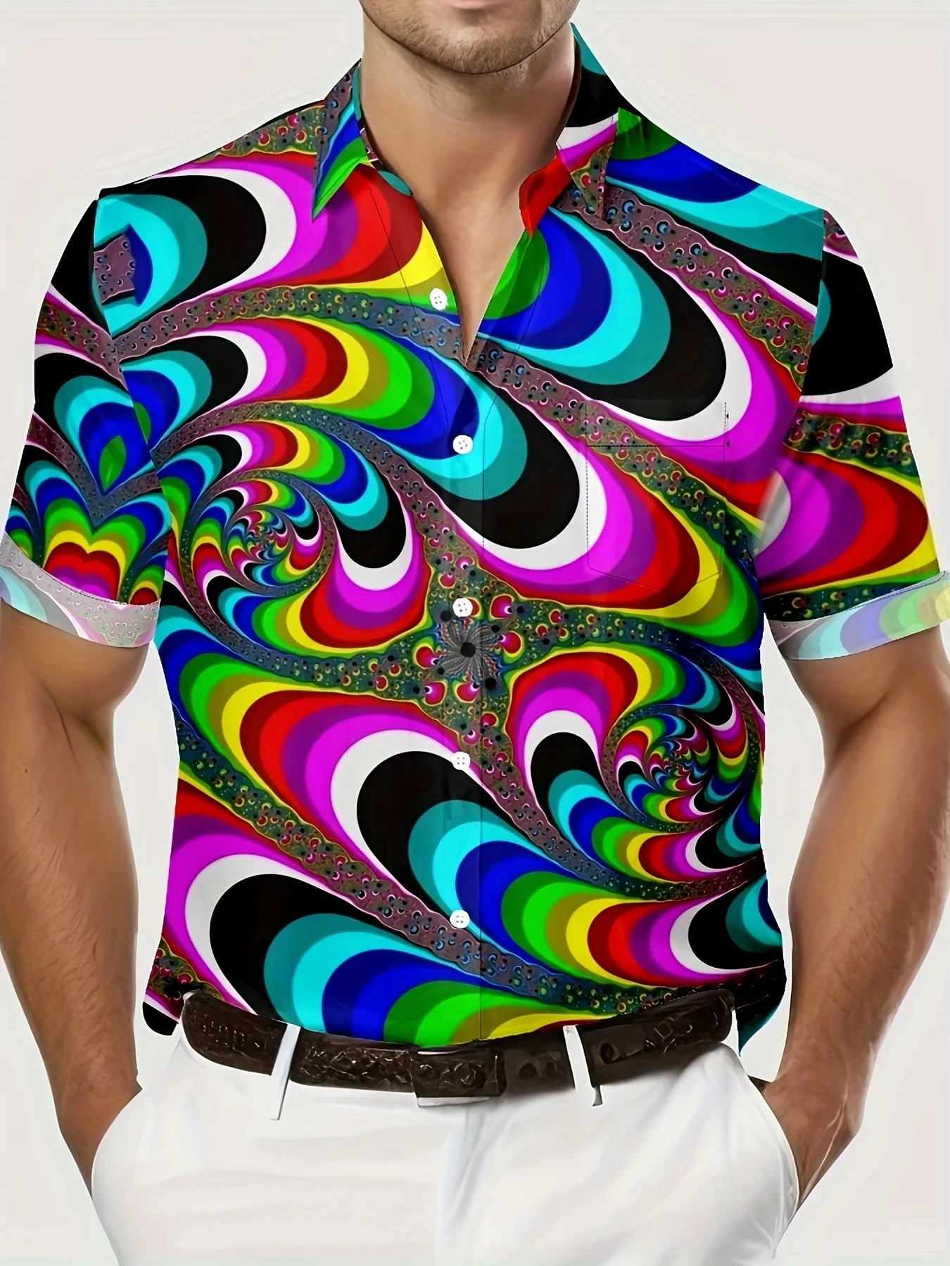 

Men's 3D Digital Print Hawaiian Shirt - Abstract Gradient Eye Pattern Short Sleeve Pocket Shirt, Lightweight Breathable Summer