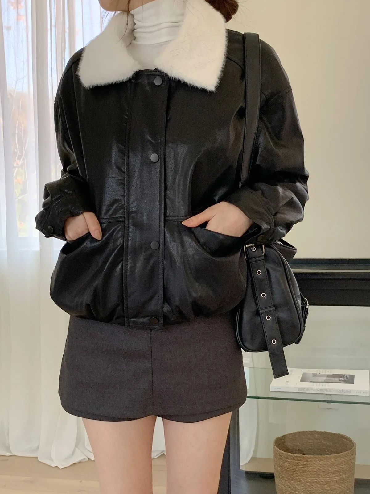 Retro pele de cordeiro couro do plutônio jaet ort outerwear feminino inverno flip gola de pele quente hong sle legal picante roupas da motocicleta