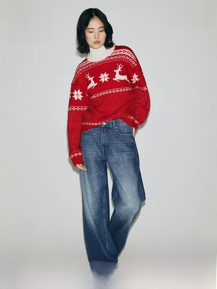 

H&M Women's Knitted Sweater New Year Inner Wear Fair Isle Red Spring Casual Sle Regular Thin Polyester Blend Crew Ne