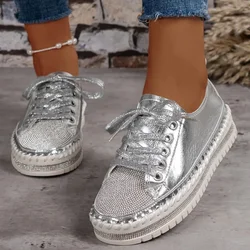 Women's Sneakers Platform Non-slip Vulcanized Shoes Lace-up Trendy Shiny Rhinestone Women Shoes for Women Autumn Simple Loafers