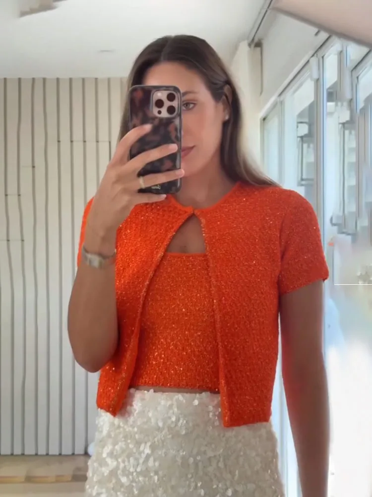 HH 3-farbige Damen-Sommermode-Oberteile, solide O-Ausschnitt, kurze Ärmel, Strickjacke + ärmelloses kurzes Oberteil, weibliche beiläufige dünne Oberteile