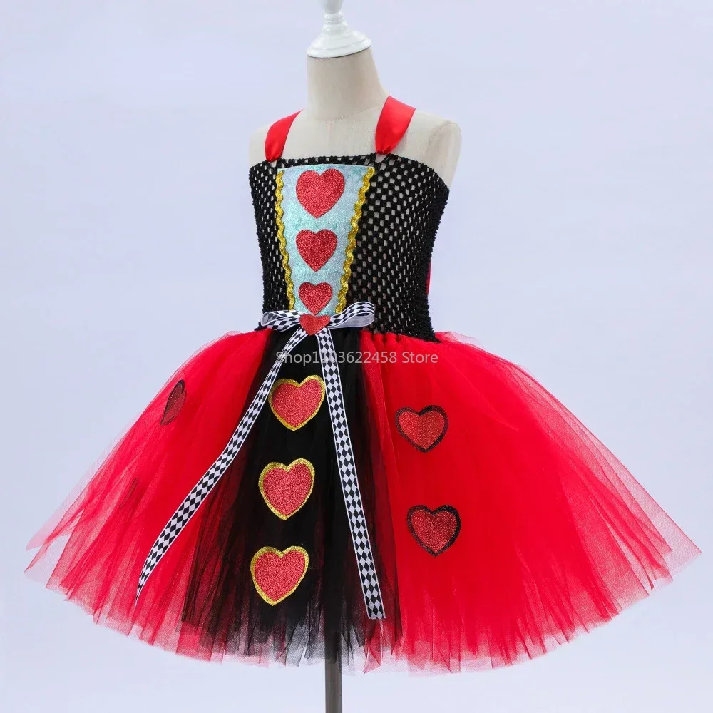 Tutu Red Queen of Hearts Costumes Girls Alice in Wonderland Fancy Dress Kids Carnival Halloween Outfit With Crown Magic Stick