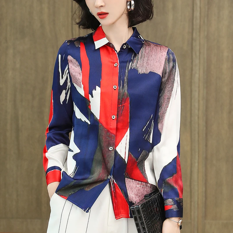 

Элегантная женская блузка с отложным воротником, длинным рукавом, принтованные рубашки, весенне-осенние повседневные топы из натурального шелка для женщин