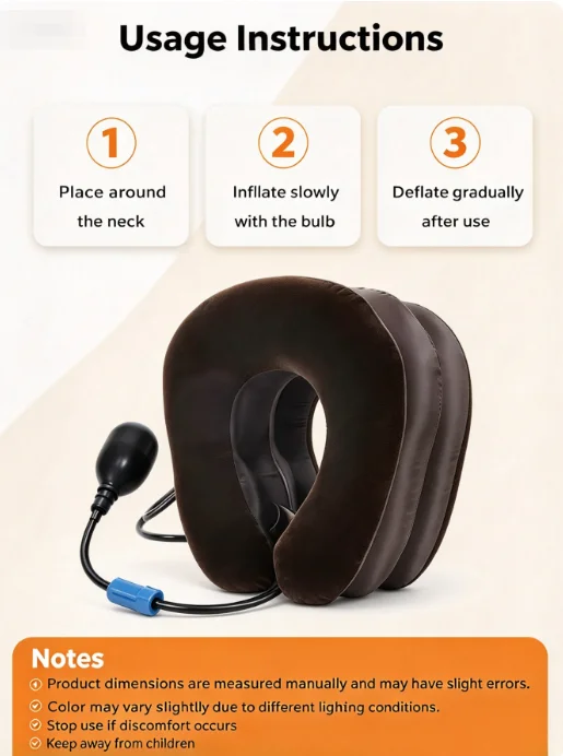 Inflatable Neck Support Device, Multi-Layer Cervical Traction Collar with Manual Air Pump, Comfortable Flocking Surface for Home