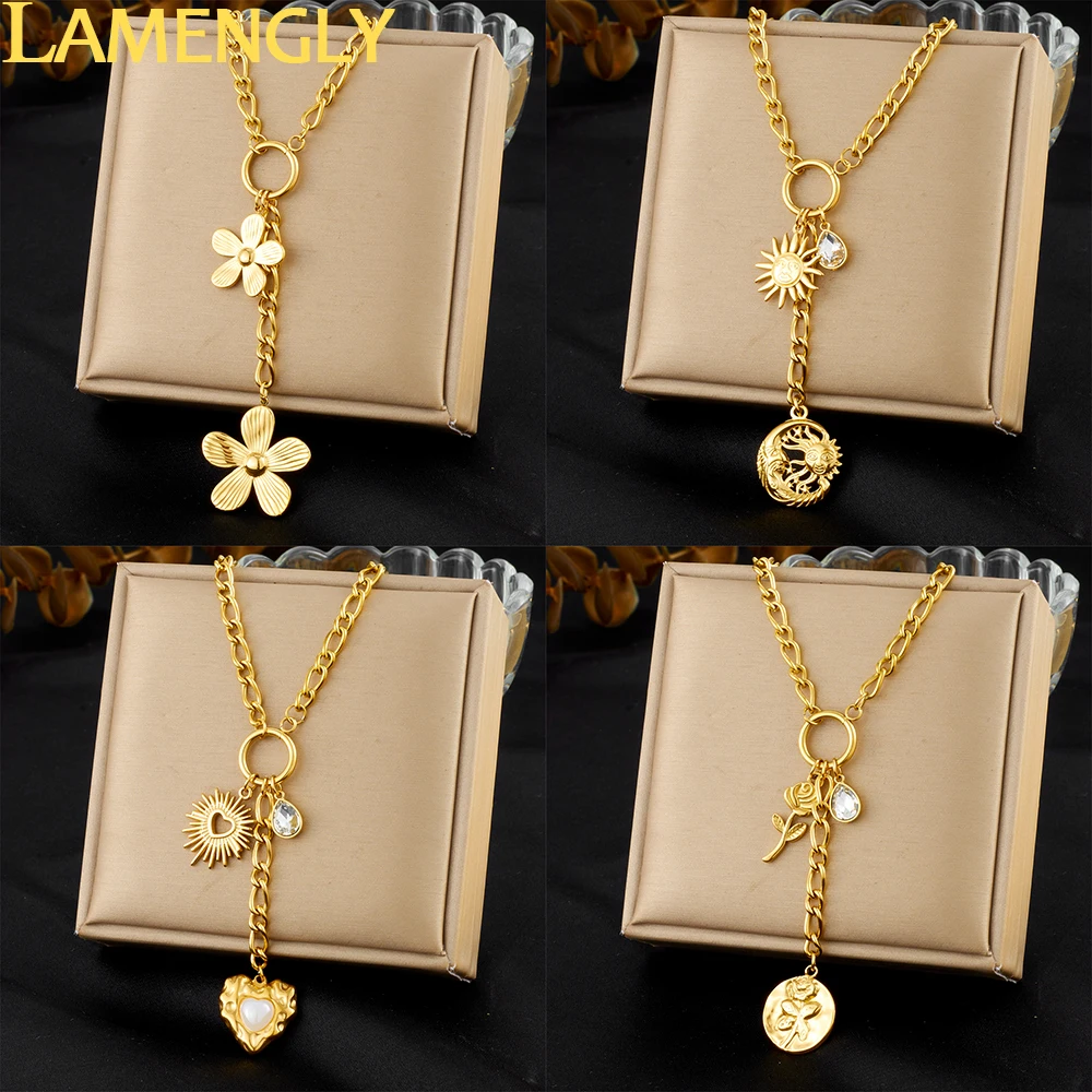 LAMENGLY 316L Stainless Steel 5-Leaf Flower Sun Pearl Heart Long Pendant Necklace For Women 18k Gold Plated Waterproof Jewelry