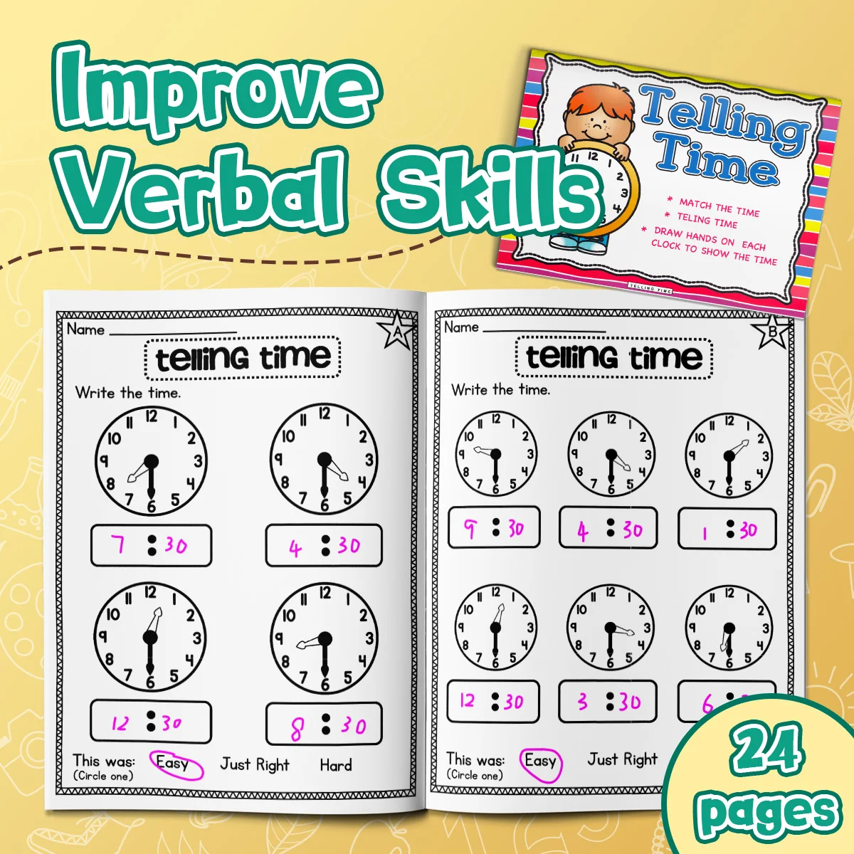 Telling Time Practice Workbook for Kids, Fun Clock Exercises, Help Kids Understand Hours & Minutes