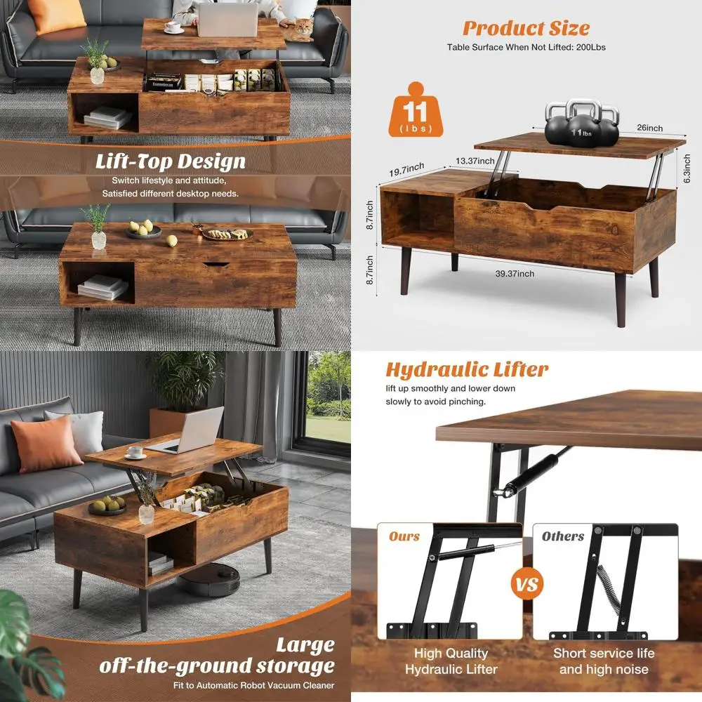 

Brown Wooden Storage Coffee Table with Hidden Compartment for Living Room