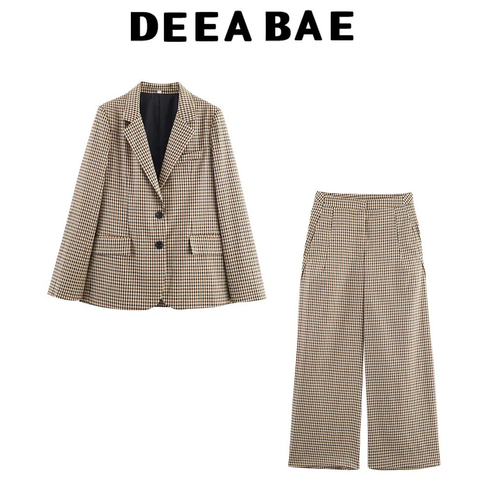

DEEABAE 2025 Autumn New Women's Temperament Simple Grid Straight Cut Suit Jacket Mid Waist Pants Set