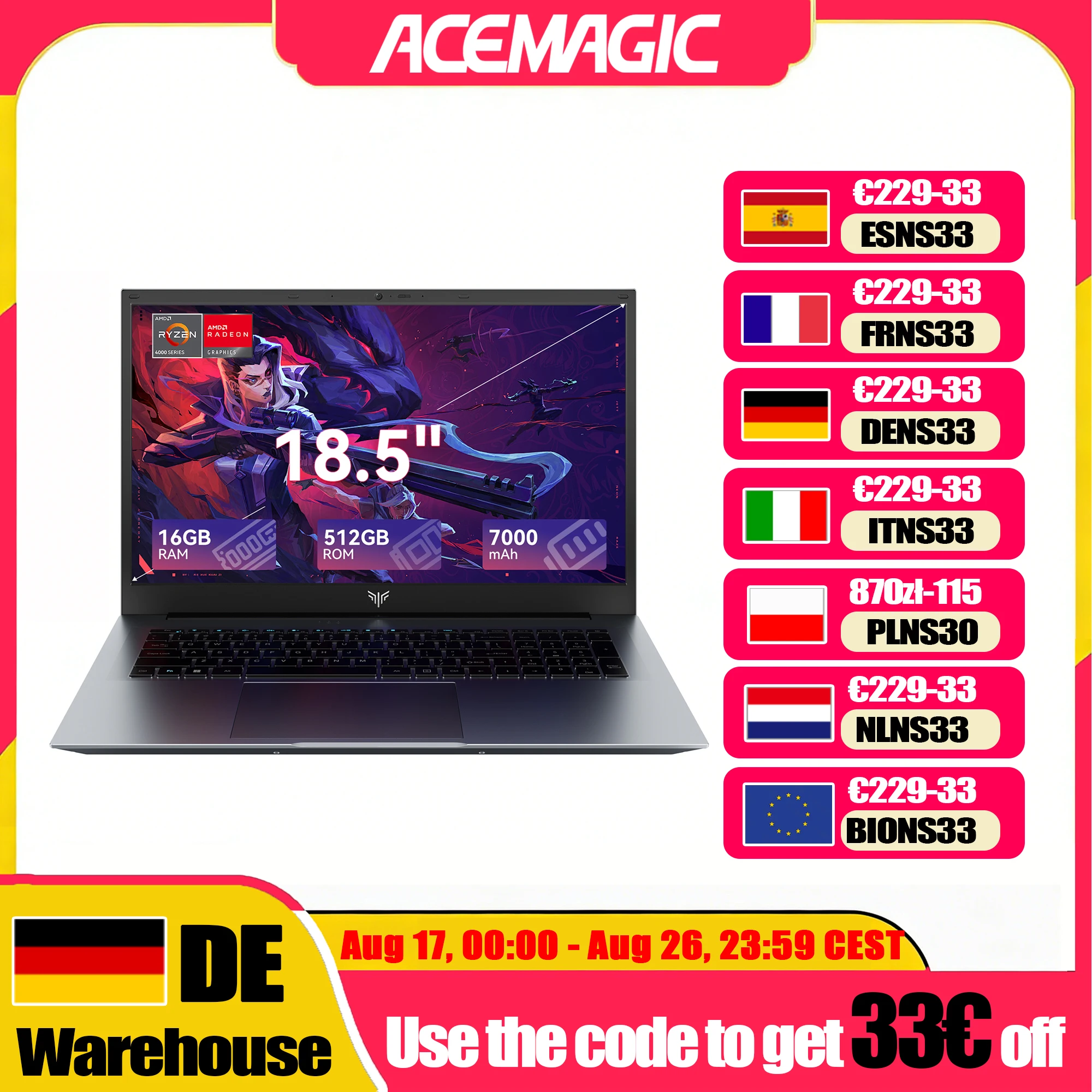 ACEMAGIC AX18PRO 18,5"-Laptop mit Windows 11 PRO, 7000 mAh Akku, AMD Ryzen 3 4300U Prozessor, 16GB LPDDR4 RAM, 512GB SSD, Wifi5
