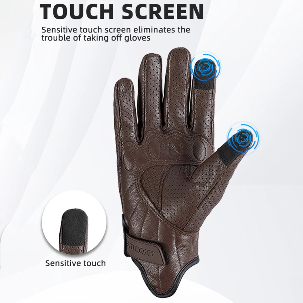 SUOMY Motorcycle Gloves Brown Vintage Leather Men Women Motorbike Riding Gloves Perforated Motocross Moto Racing Biker Gloves