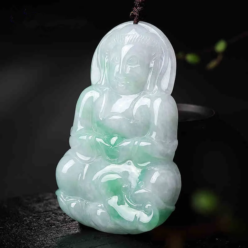 Moisturized-Waxy Light Green with Emerald Flower Pattern Guanyin Bodhisattva Jade Jadeite Pendant