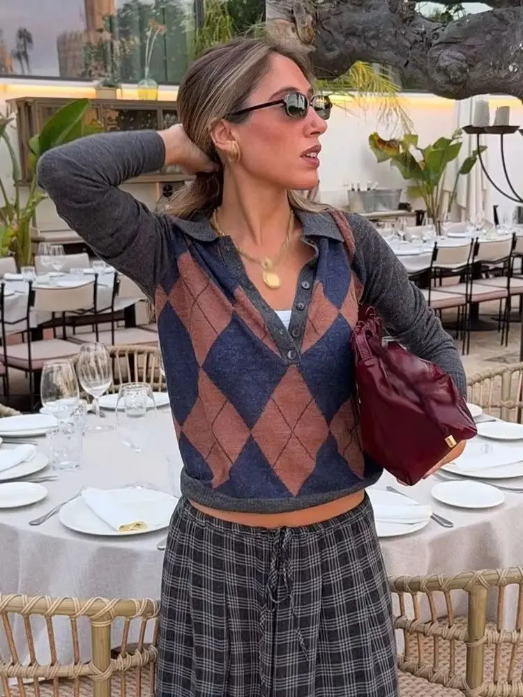 

HH Women Autumn Casual Chic Pullovers Argyle Collar Long Sleeves Single Breasted Women's Fashion Turn-Down Button Knitted Tops