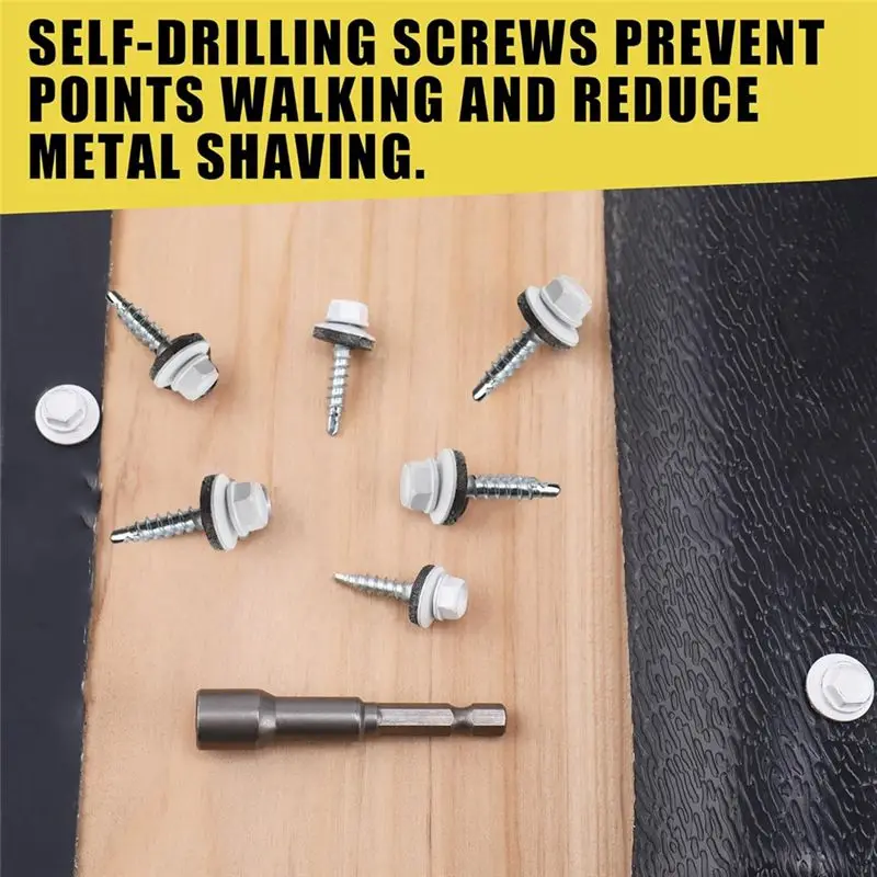 AEE4-300Pcs 10X1 Hex Heads Self-Drilling Metal Roofing Screws, EPDM Washer,Sheet Metal Roof Screw With Hex Driver Bit