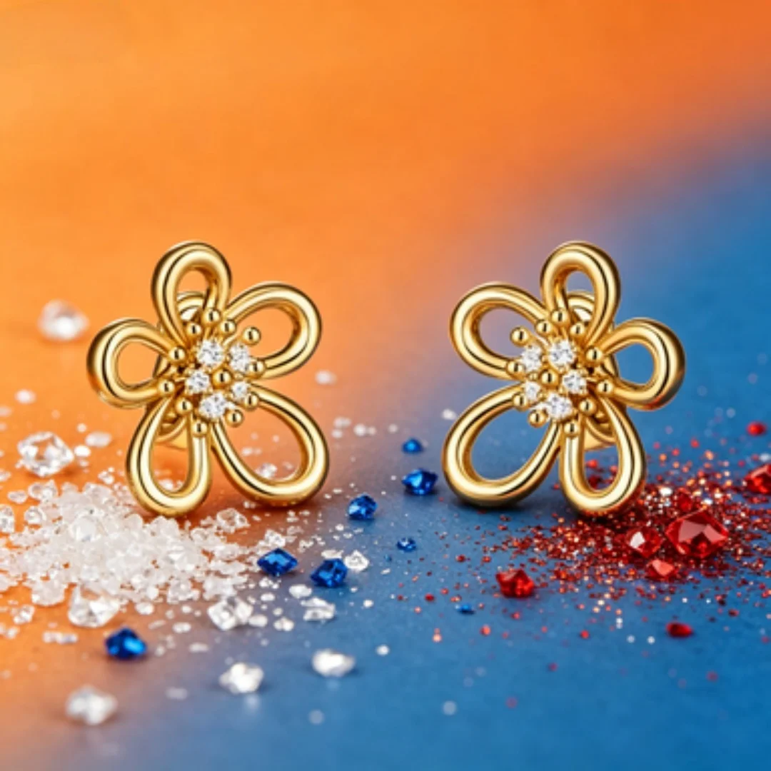 

Gentle atmosphere earrings with hollowed out gold and diamond studded five petal flower earrings