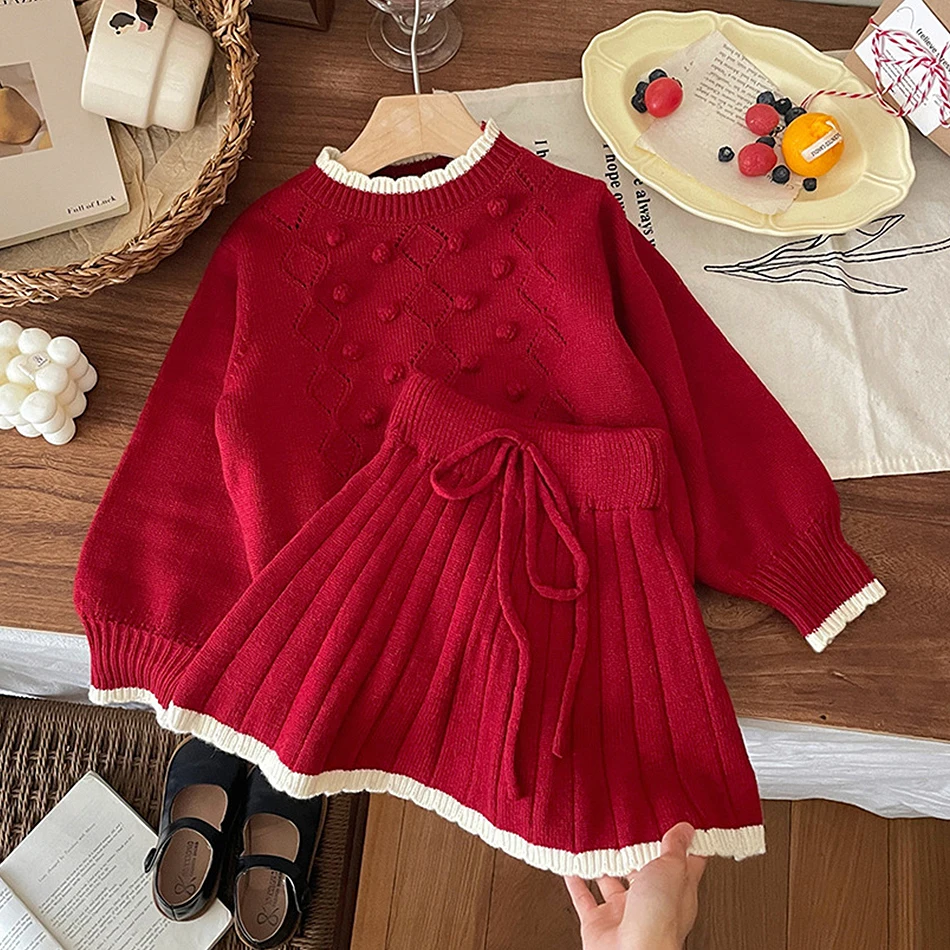 

Красный новогодний вязаный свитер для маленьких девочек, топы, юбка, комплект из 2 предметов, детский зимний модный пуловер, детский праздничный костюм для рождественской вечеринки