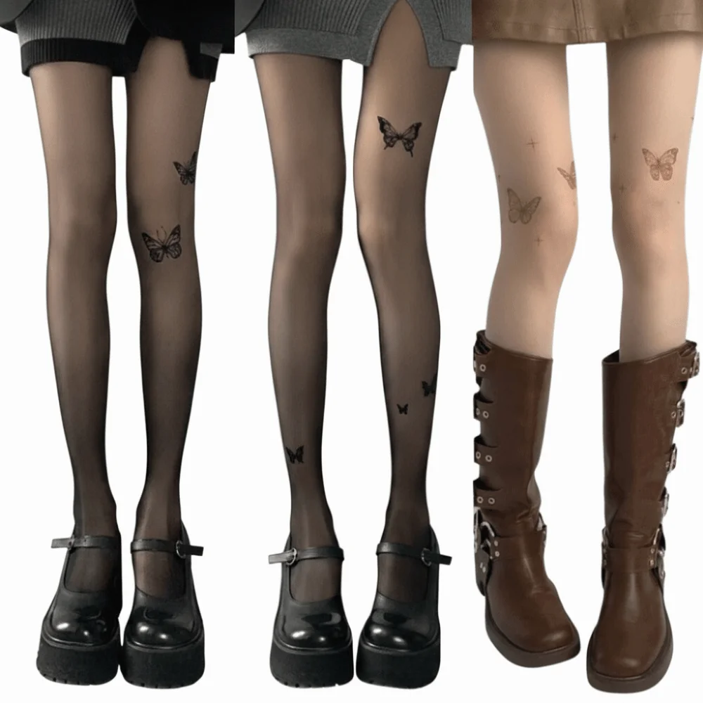 Transparent Butterfly Print Tights Full Foot Nylon Material Thigh High Stockings Ultra-Thin Elastic Waistband Body Stockings