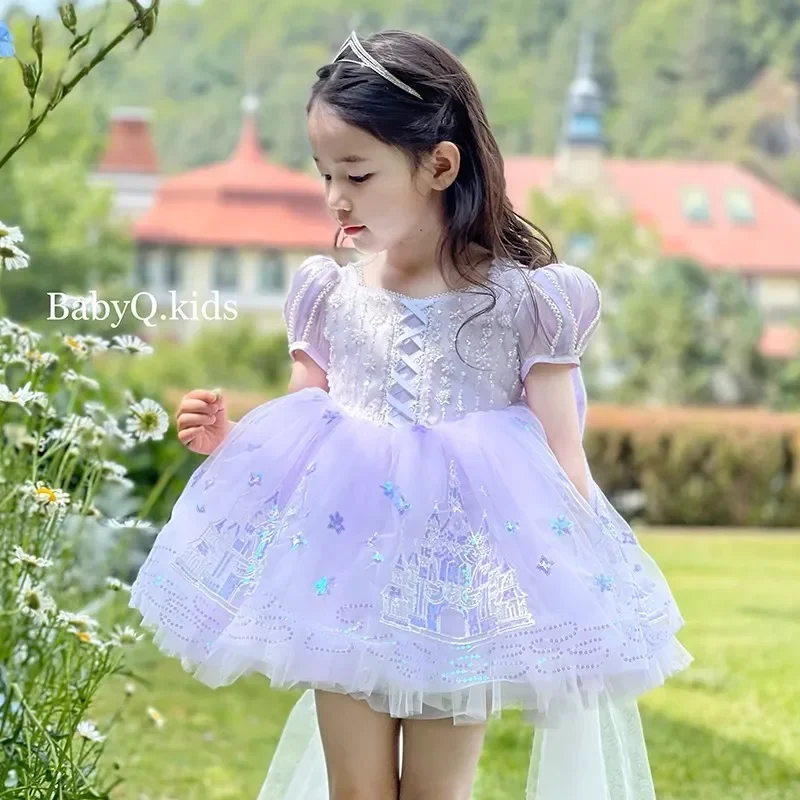 Baby Girl Summer Shiny Purple Sweet Lolita Lace Princess Gauze Ball Gown Floral Lace Dress Birthday Party Eid Childen Clothing
