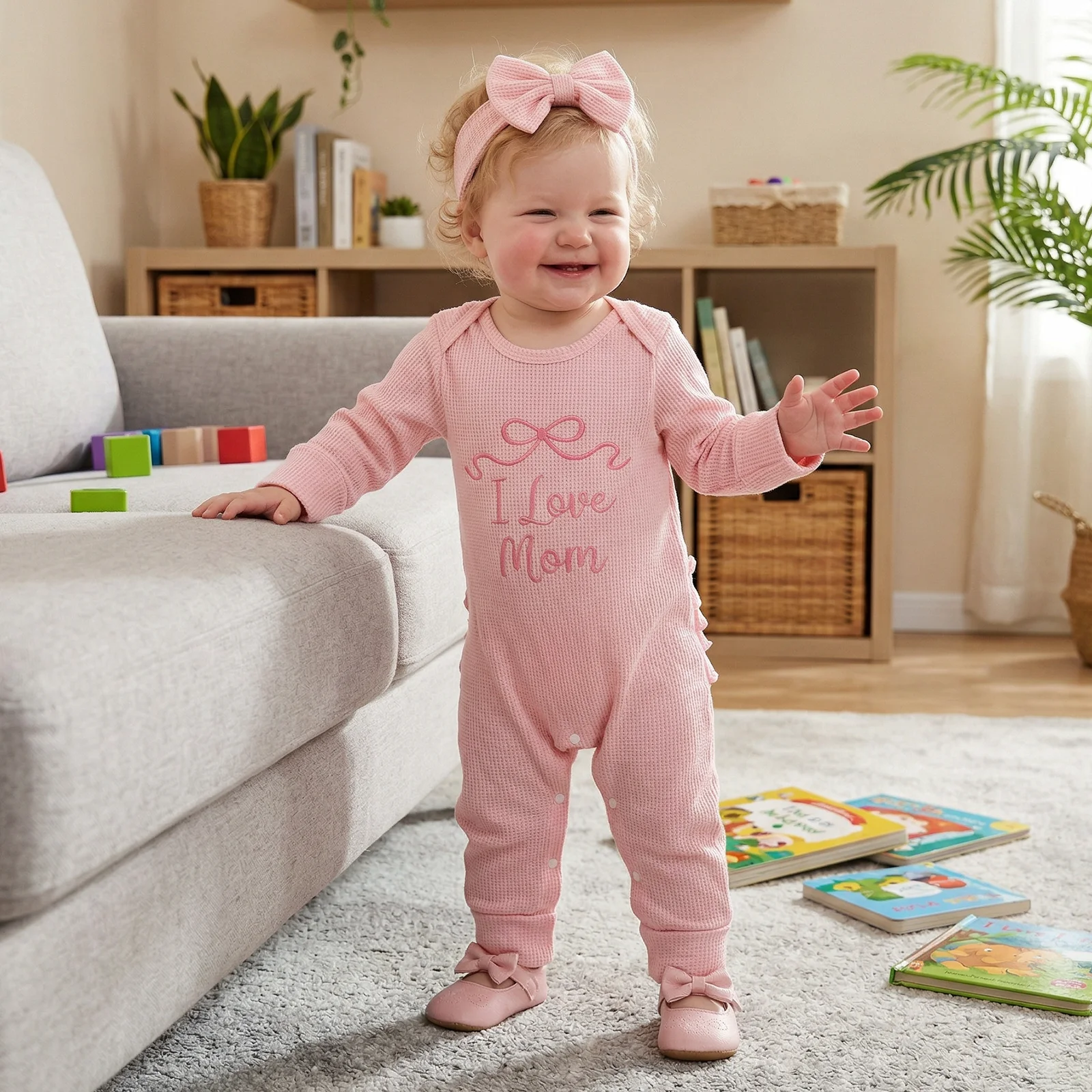 Newborn Baby Girls Mother's Day Waffle Jumpsuit Letter Bow Embroidery Long Sleeve Crew Neck Romper and Cute Headband Set