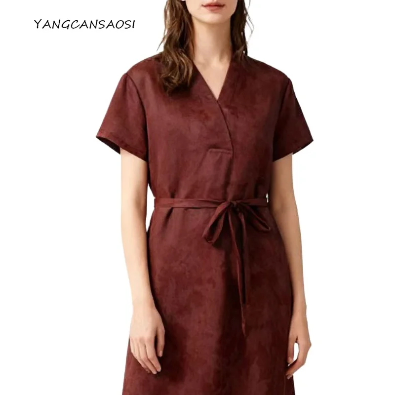 

2025 Women's Early Autumn New 100% Natural Mulberry Silk Jacquard Gambiered Guangdong Gauze Women's Short Sleeved V-neck Dress